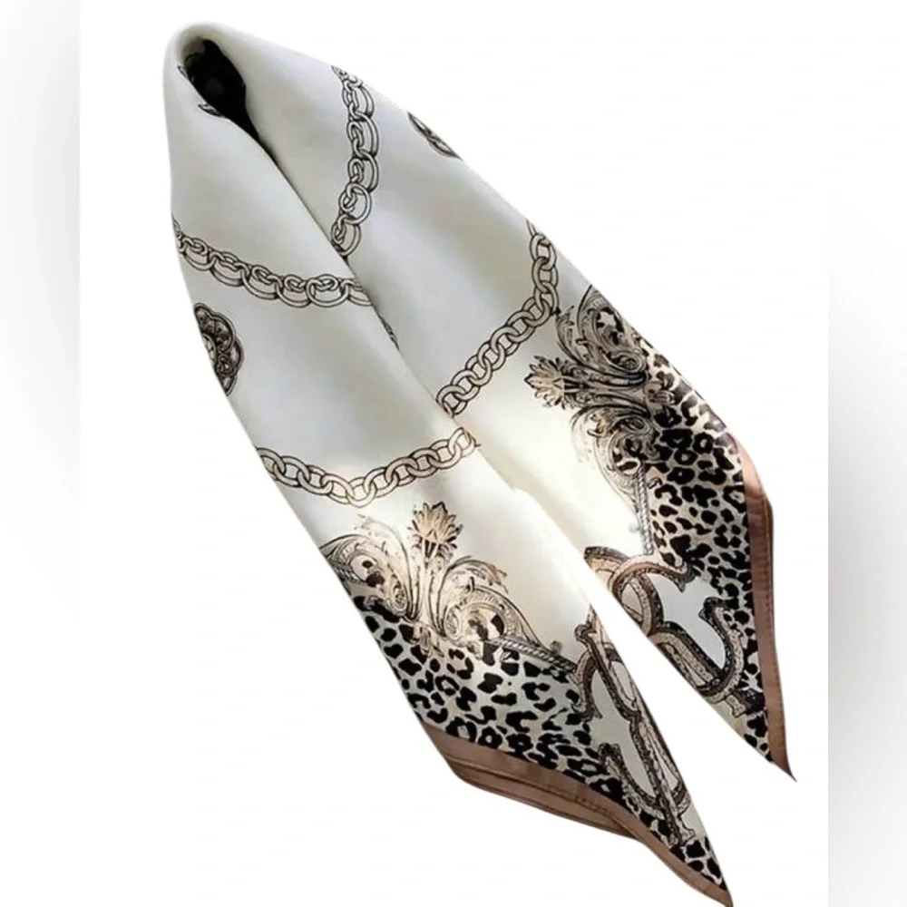 Elegant Cream and Brown Silky Scarf